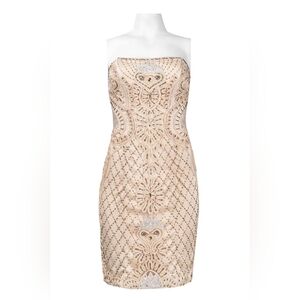 Sue Wong Strapless Beaded Pattern Ribbon Swirl Mesh Dress